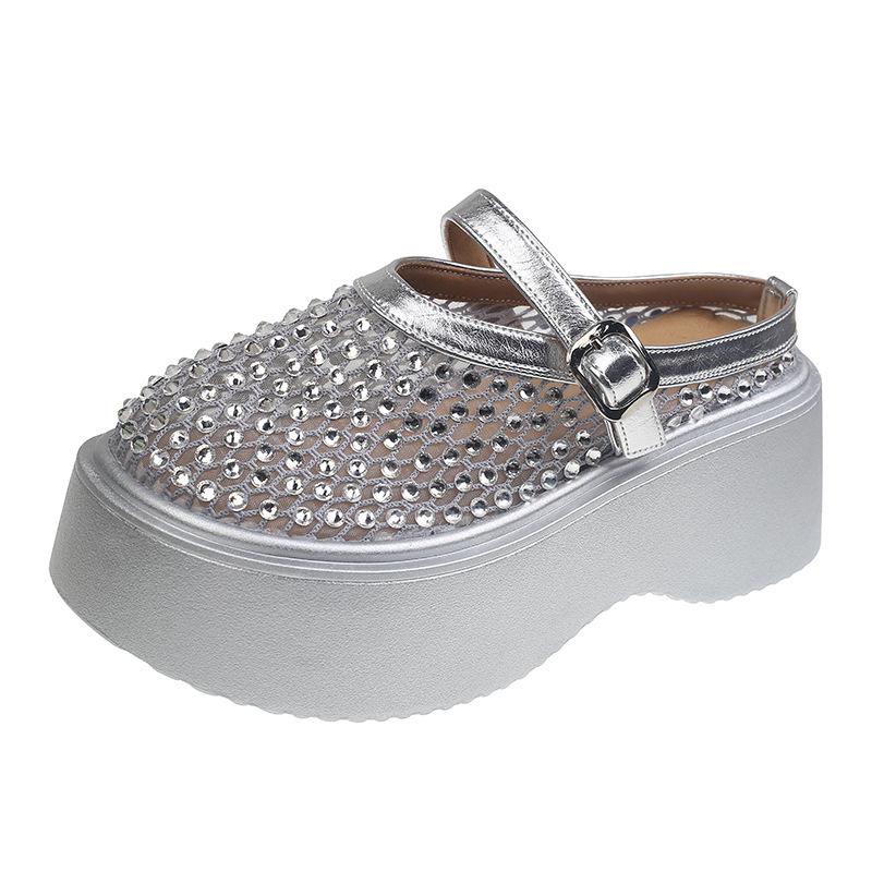 Silver Rhinestone High-grade Non-slip Bag Head Thick-soled Slippers for Women's Summer Wear 2025 New Height-increasing Soft-soled Cool Slippers
