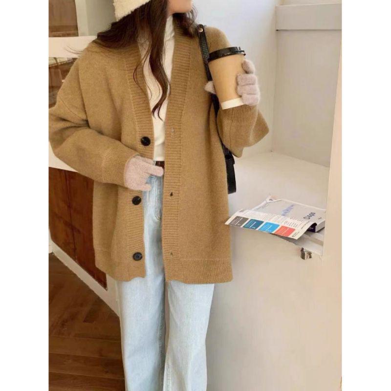 2024 Autumn/Winter Women's Soft V-Neck Pink Cardigan Sweater - Simple, Lazy Style Knit Outerwear
