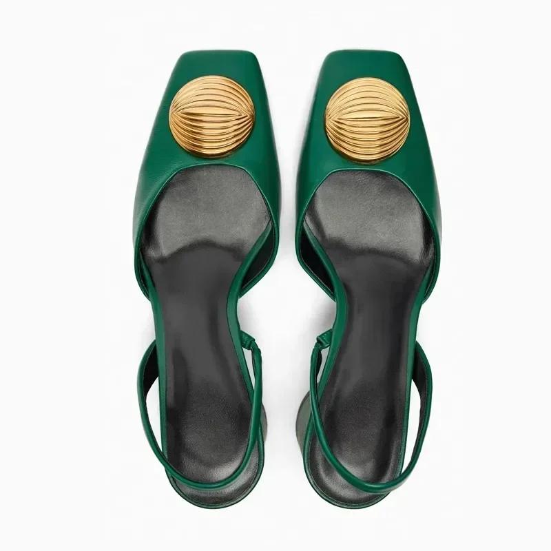Sandals Women Pumps Metal Decoration Fashion Square Toe Chunky Heels Dress Shoes Elegant High Heels Ladies Mules