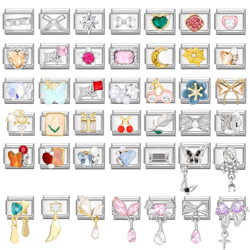 Shiny Zircon Bow Knot Heart Butterfly Pendant Italian Charm Links Fit 9mm Stainless Steel Bracelet Women DIY Making Jewelry Gift