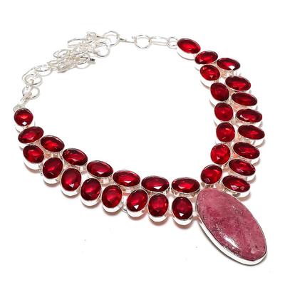 Natürlicher Rhodonit, Granat Edelstein Handgemachte 925 Sterling Silber Halskette 18" O7o51