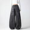 Unisex Wide Leg Denim Pants With Wing Print Vintage Streetwear High Waist Loose Fit Jeans