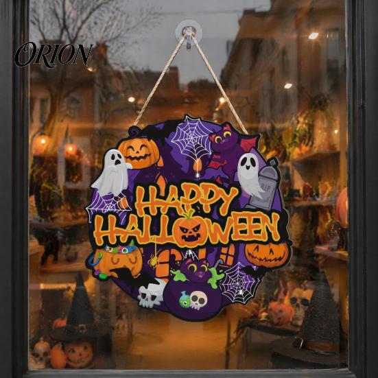 Thickened Solid Wood Pendant Happy Halloween Wooden Door Hanger Sign for Household Front Porch, Cute Ghost Pumpkin Sunproof Holiday Printed