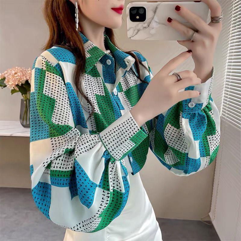 

Printed Women s Chiffon Shirt Geometric Pattern Contrasting Lapel Famale Button Up Shirts Spring Leisure Fashionable Ladies Long Sleeved Top XL зелений