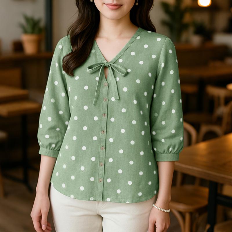 ZANZEA Women Casual V-Neck Polka Dot Print Loose 3/4 Sleeve Blouse S зелёный