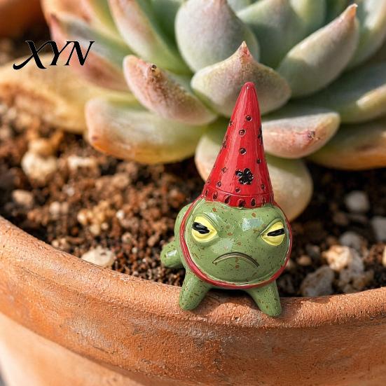 Animal Garden Statues Miniature Frog Figurine, Little Statue with A Party Handmade Sculpture Hat, Decorative Resin Ornament for Outdoor Courtyard