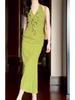 Women's Green Floral Halter V-Neck Sleeveless Long Dress - Summer 2025 Collection