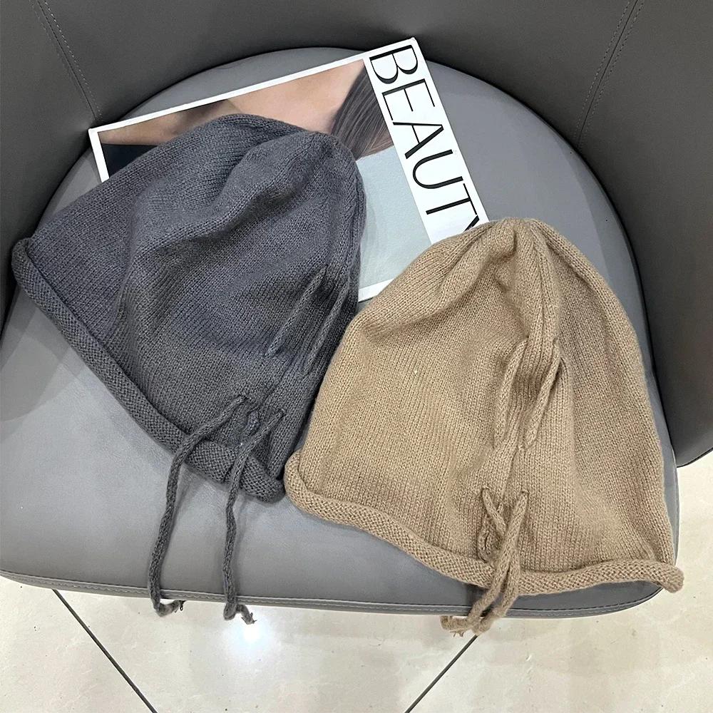 Pop Stil Show Gesicht Kleiner Stapelhut Kordelzug Baggy Slouchy Beanie Damen Herbst Ohrwärmer Skullies Mütze Einfarbige Strickmütze
