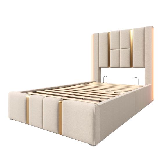Platform Bed 90/140/160x200CM Double with USB Type-C Charging Station APP Control LED Slatted Frame Wooden Storage Space Modern Beige Linen