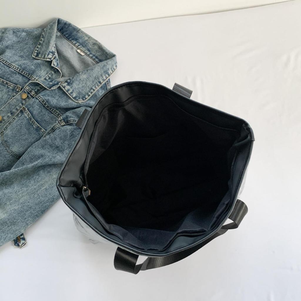 NICE SELECTION Women's Quilted Shoulder Bag, Lightweight, 2-Way Tote Bag, Waterproof and Water-Repellent, Large Capacity (Black, Regular)