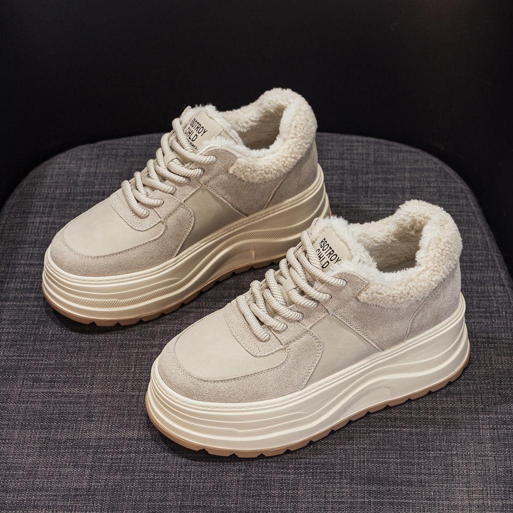 Winter New Retro Little White Shoes Women's Velvet Thickened Cotton Shoes Thick Soles Increase Height Small Versatile Fluffy Shoes