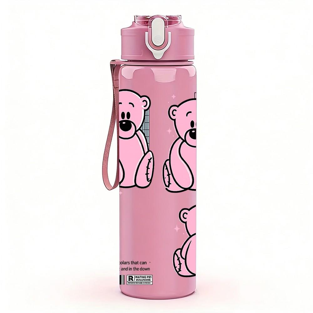 1PC Cute Pink Bear Couple Cartoon Art 750ml Color Plastic Sports Water Bottle Leakproof Flip Straw Lid Suitable for Sports Office Home Use