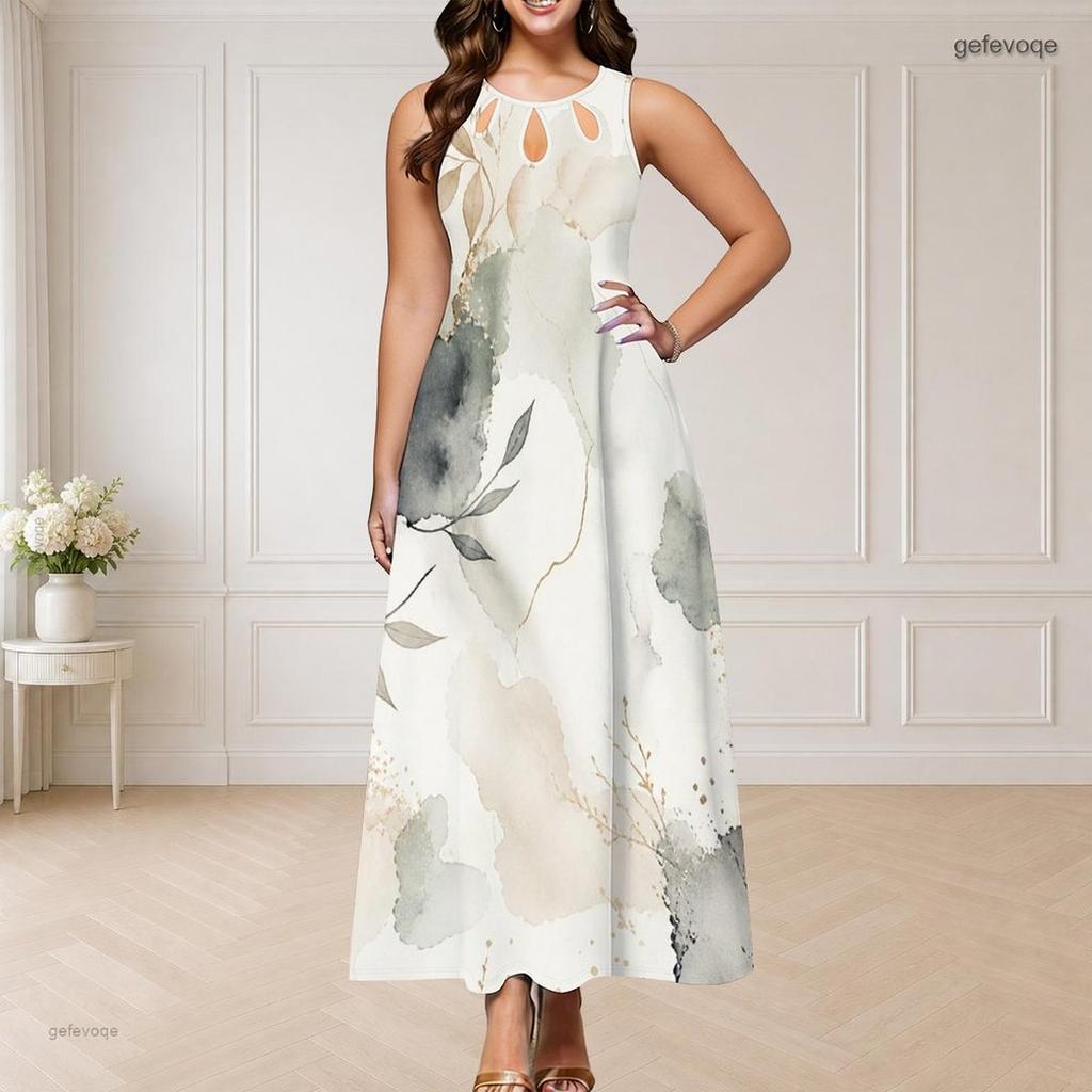 Women Plus Size Round Neck Triple Keyhole Cutout Sleeveless Abstract Printed Long Dress