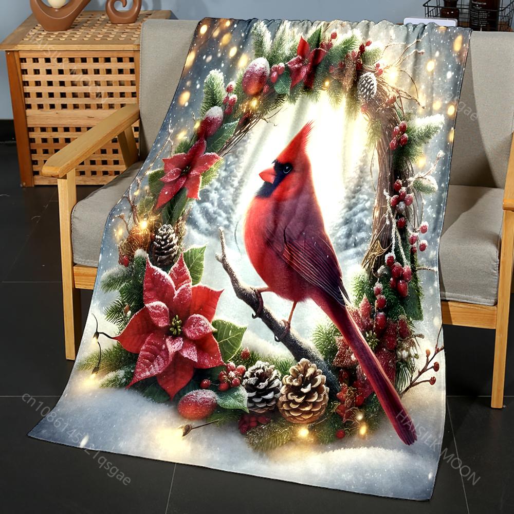 

Festive Wreath with Red Cardinal Pattern Blanket Flannel Material Soft Warm for All Seasons, Home Outdoor Camping Picnics RV 75x90cm