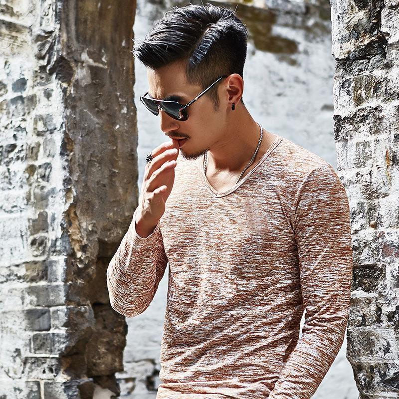 Premium Fashion Men's Muscle Long Sleeve Shirt V-neck Casual Slim Fit Tee For All Occasions