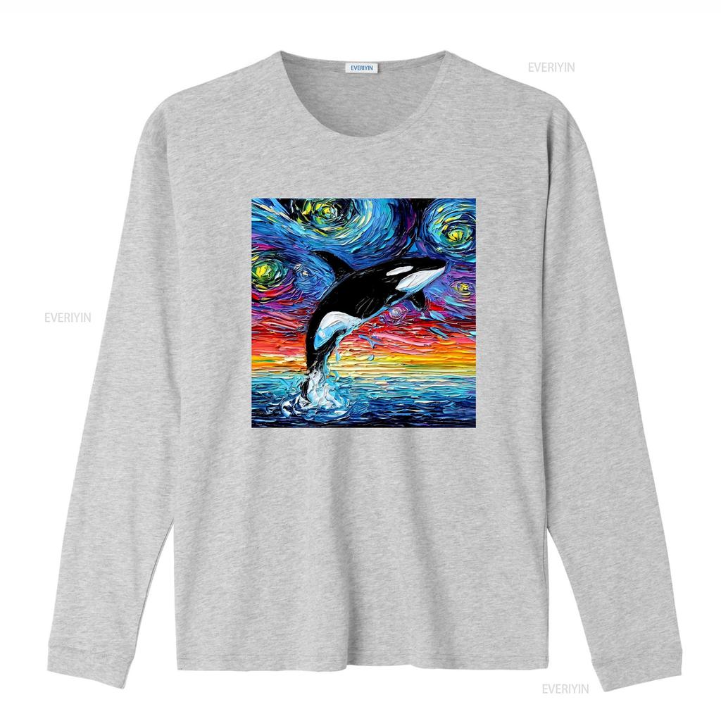 Vibrant Orca Killer Whale Starry Night Ocean Art T Shirt Vintage Washed Streetwear Stretched Casual Versatile