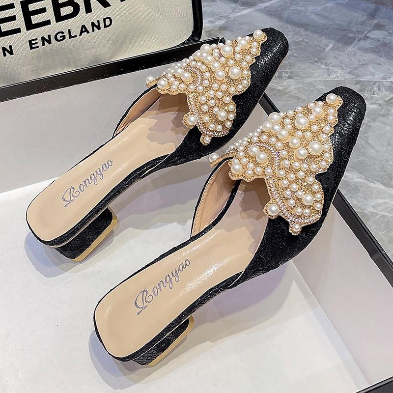 Luxury Pearl Ornaments Mules Slides Woman Elegant Point Toe Lace Sandals Ladies Chic String Bead Evening Party Flat Dress Shoes