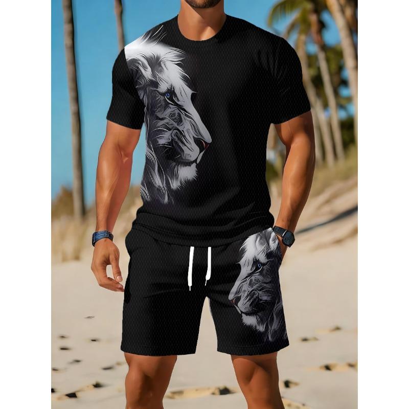 Codzienny Zestaw Sportowy Oddychający Outdoorowy Rekreacyjny Męski T-shirt z Okrągłym Dekoltem i Zestaw Szortów Letni Z Cyfrowym Nadrukiem Zestaw Ubraniowy Mężczyzna Dorosły