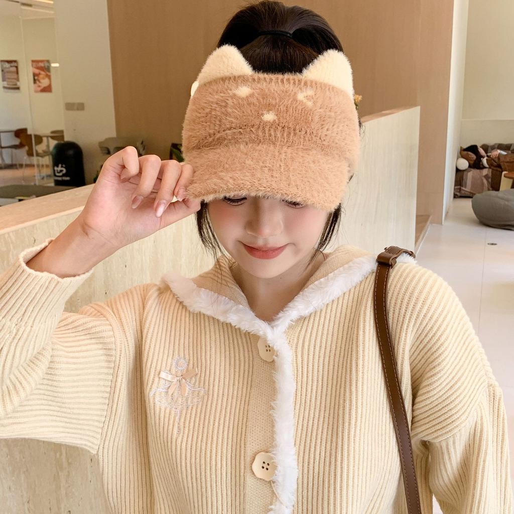 New Style Cycling Ear Protection Plus Velvet Warm Knitted Woolen Hat Versatile Empty Top Peaked Cap for Women In Autumn and Winter