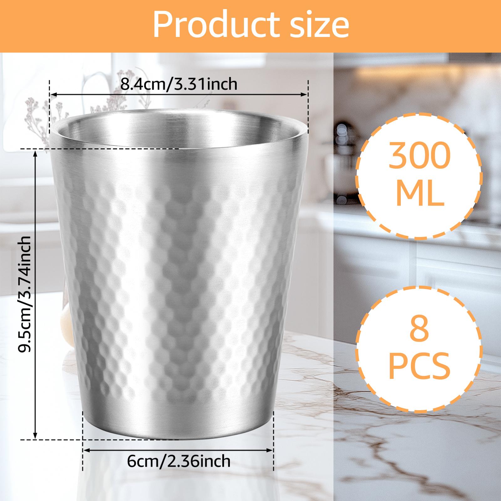 8Pcs 304 Stainless Steel Cup 300ml Double Wall Metal Cup Hammer Patterned Water Cup Vacuum Insulated Water Tumbler Coffee Mug 300ml