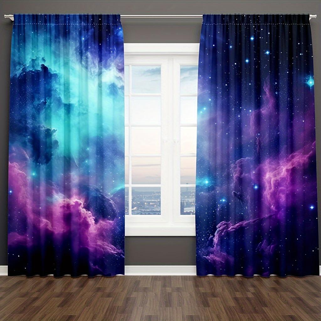 2 peças Cortinas Azul Roxo Galáxia Universo Fantasia Céu Estrelado Estrela Nebulosa Bolso para Varão Espaço Sideral Decoração de Quarto.