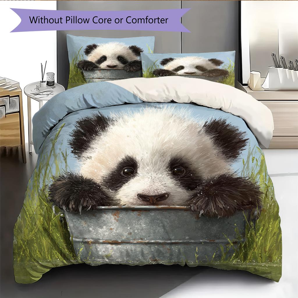 Panda and Grassland Pattern Bedding Home Decoration Birthday Gift (1 * duvet cover + 2 * pillowcase, without core)