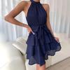 Women Autumn Winter Sleeveless Soild Color Halter Casual A-Line Knee-Length High Waist Ruffled Edges Dress
