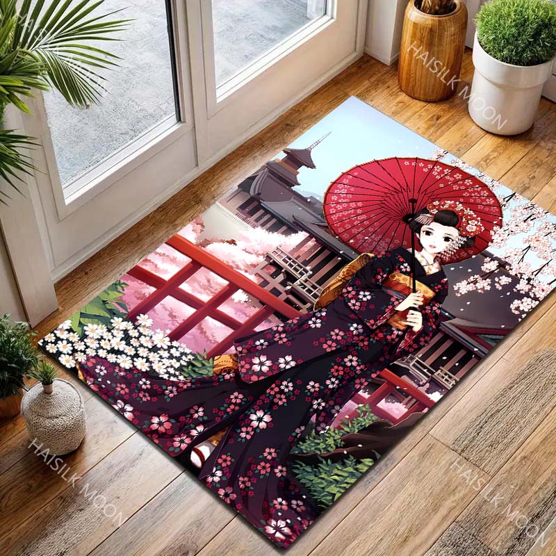 Japanese girl in Kimono Cherry Blossom Pattern Carpet for Living Room Bedroom Sofa Home Decor Non-slip Floor Mat Luxury Gift