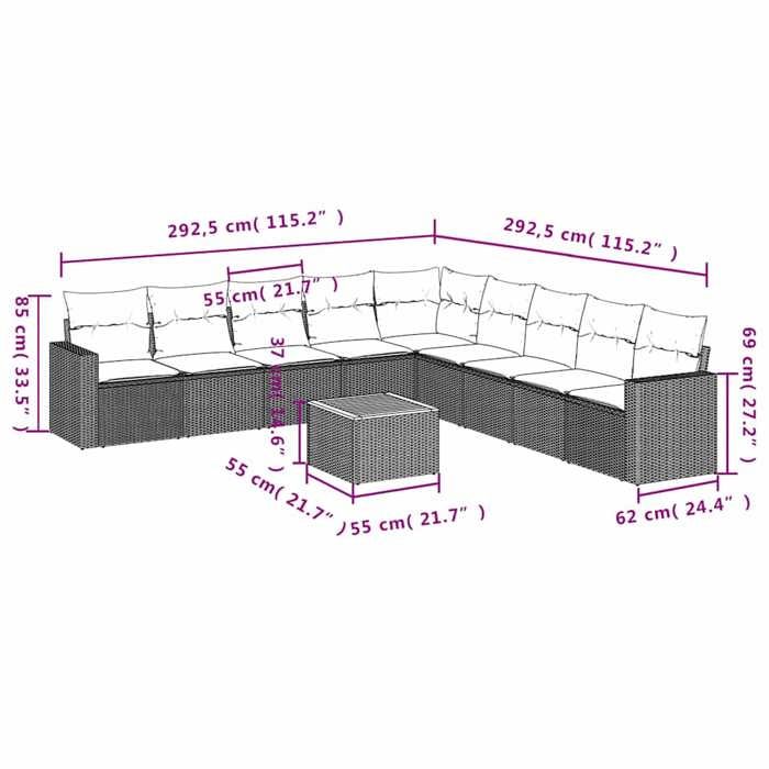 VidaXL Salon de Jardin avec Coussins 10 pcs, Canapés de Patio, Ensemble de Meubles, Mobilier de Terrasse Exterieur, Gris 3256502