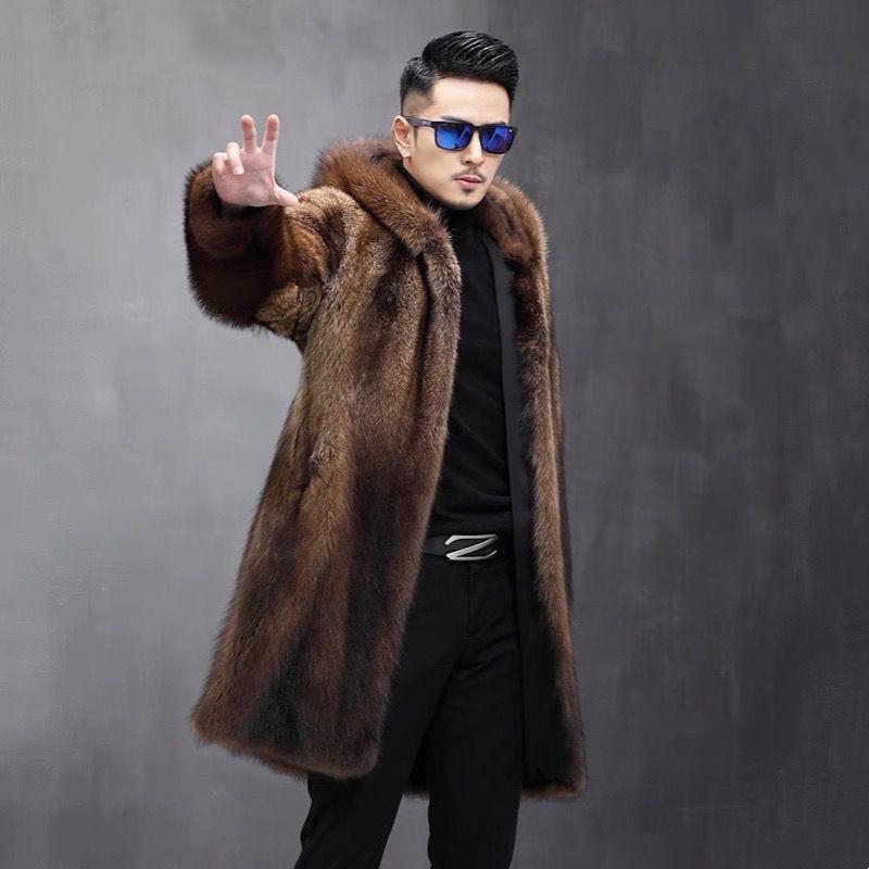 Cappotto di pelliccia invernale da uomo con cappuccio lungo in pelliccia di visone imitazione intera, cappotto caldo casual largo di grandi dimensioni