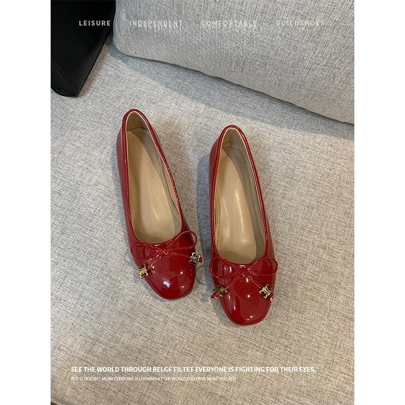 2025 new spring and autumn French small inner height increase flat shoes women's bow ballet shoes square head shallow mouth single shoes