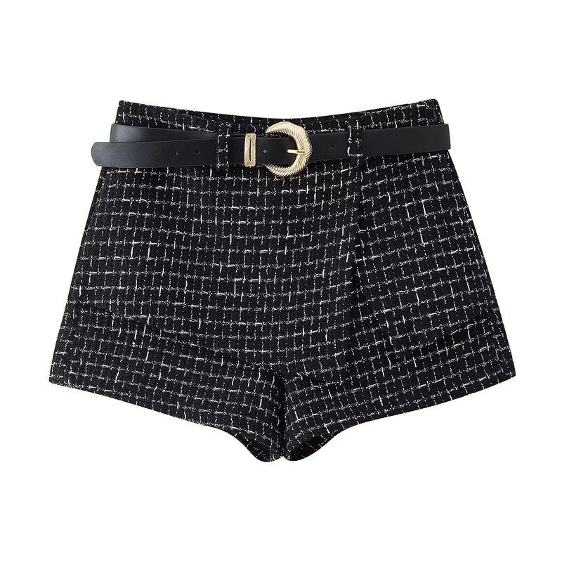 Metal Button Decorative Texture Round Neck Short Vest 2200130 with Belt Texture A- Line Skort 2201130