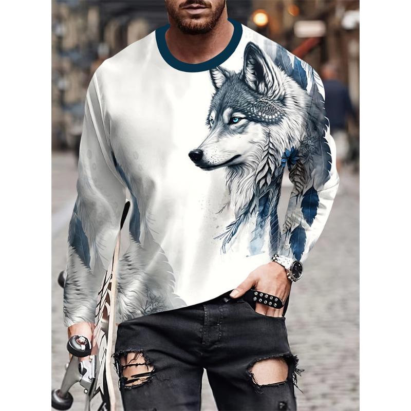 2025 Novo Top Masculino com Estampa de Lobo Outono e Inverno Casual Diário Camiseta Masculina de Manga Comprida Moda de Rua Top Masculino de Manga Comprida