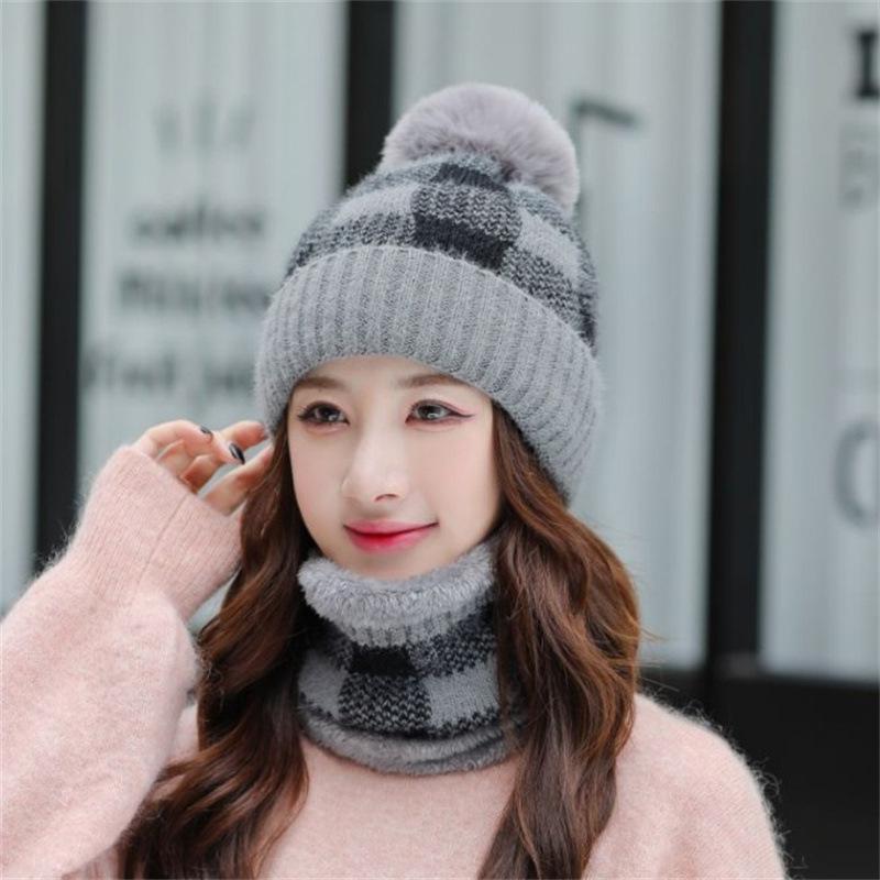 Hat Women's Autumn and Winter Plaid Scarf Hat Two-piece Set Fashion Versatile New Trendy Women's Knitted Hat Wool Hat