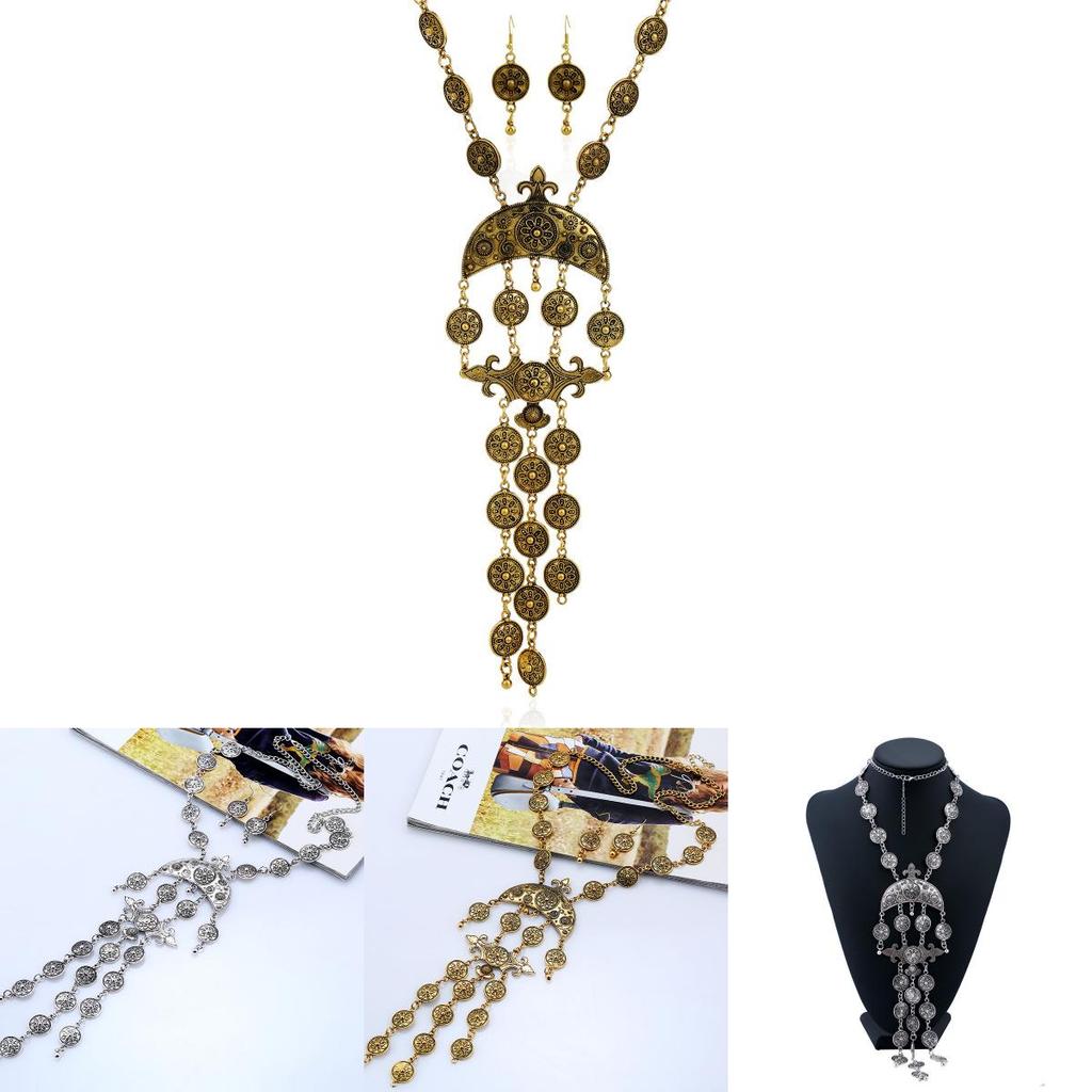 Vintage Coin Tassel Necklace Set With Alloy Gold Silver Finish For Fashion Enthusiasts