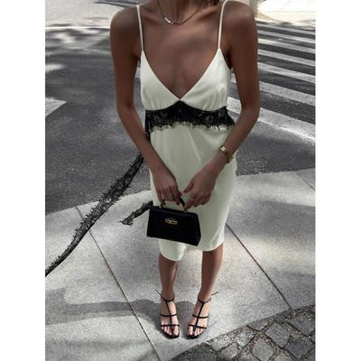 Sexy V-Neck Strap Dress With Lace Detailing And Flowing Ribbons, Stylish And Unique Long Dress For Women