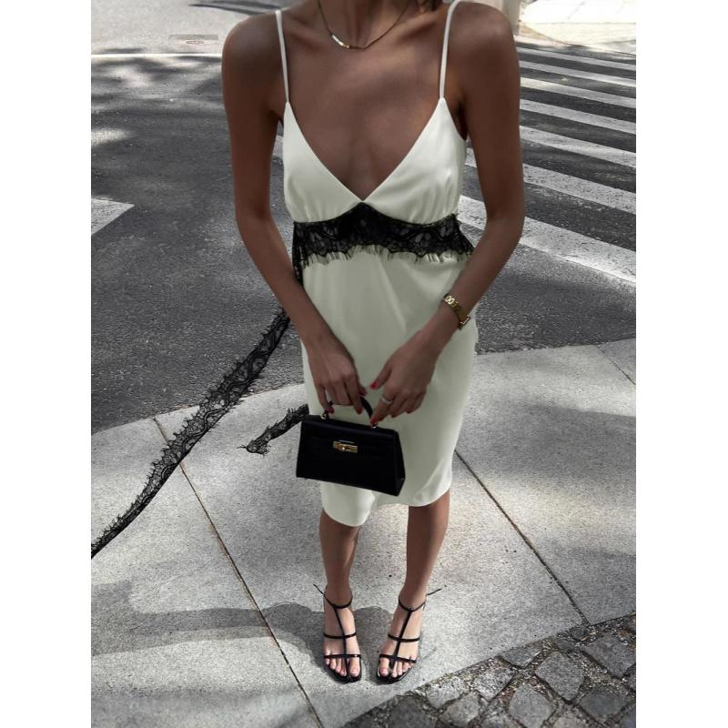 Sexy V-Neck Strap Dress With Lace Detailing And Flowing Ribbons, Stylish And Unique Long Dress For Women