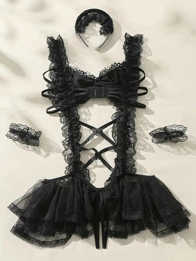 Naughty Maid Uniform Role Play Costume Bodysuit for Women Sexy Lingerie Bow Lace Suspender Dress Cosplay Underwear