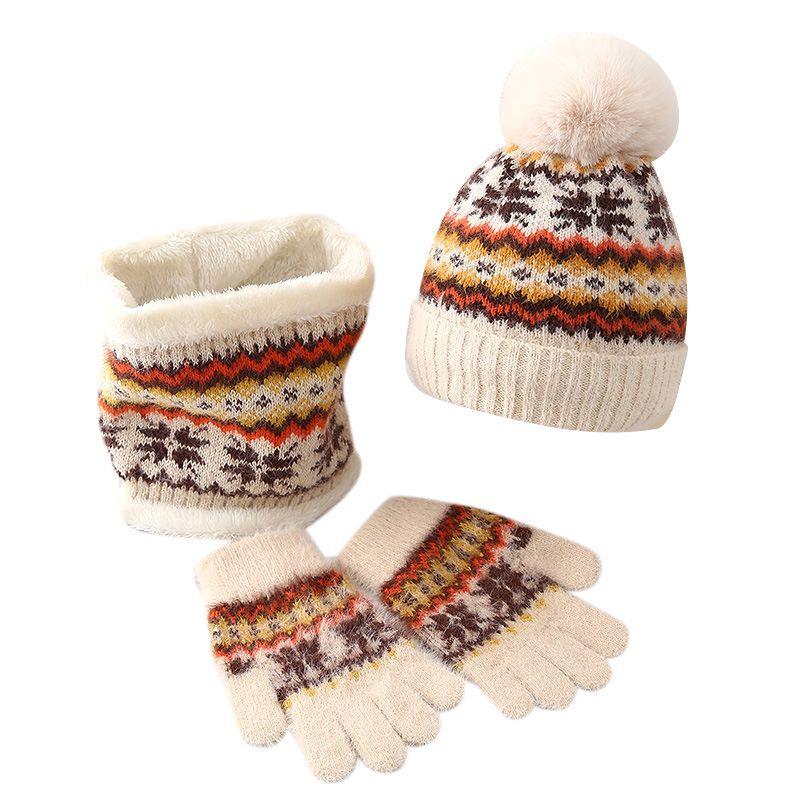 Wool hat women's autumn and winter new plush warm hairball pullover hat ear protector knitted hat scarf gloves