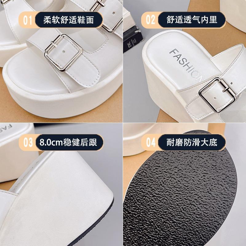 Super high heel slope heel cool slippers spring new fashion belt buckle simple style small person height wear sandals
