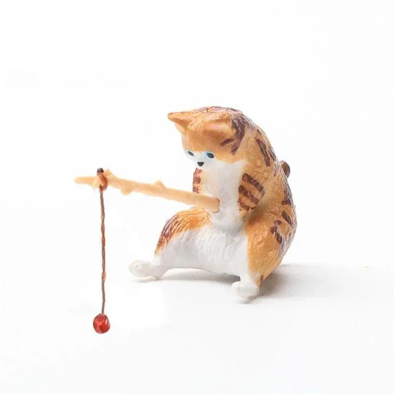 Ozdoby kočky rybářské Akvarijní dekorace Rybí krajina Kreslená soška kočky Mini pryskyřičná figurka Domácí dekorace Miniatury