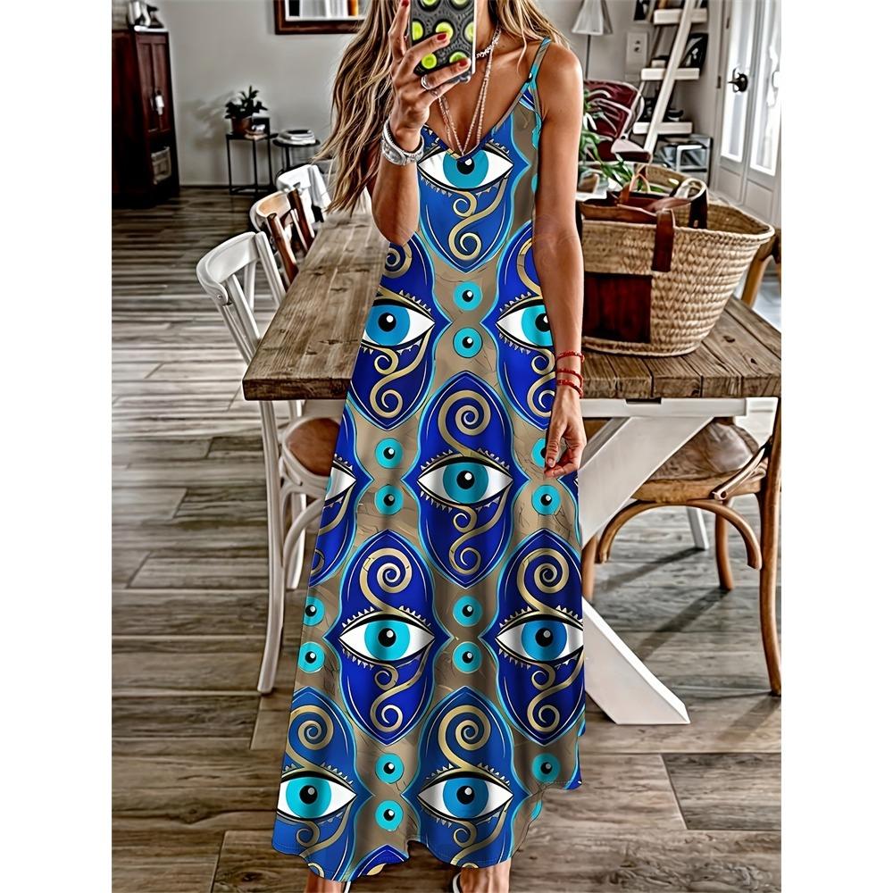 Bohemian Trendy V-neck Ankle-length Dress, Urban Street Loose And Adjustable Halter Dress, Loose, Casual And Sexy Dress