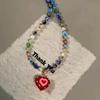 Retro Fashion Dopamine Colorful Glass Beaded Red Heart-shaped Pendant Choker Necklace for Women Temperament Statement Jewelry