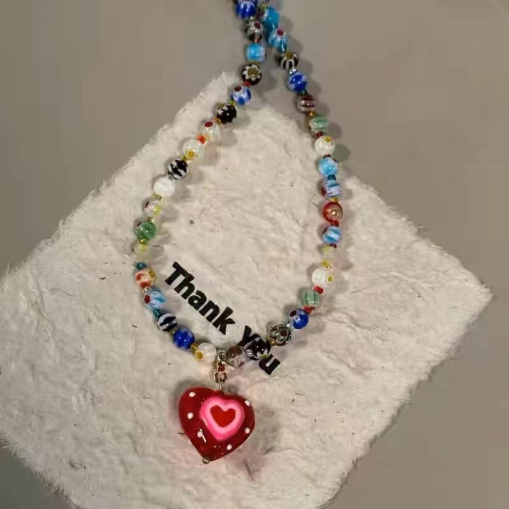 Retro Fashion Dopamine Colorful Glass Beaded Red Heart-shaped Pendant Choker Necklace for Women Temperament Statement Jewelry