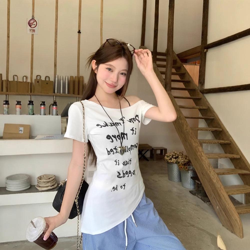 American Spicy Girl Off-Shoulder Short-Sleeve Letter Print T-Shirt - Women's Summer Bodycon Waist-Hugging Unique Design Top