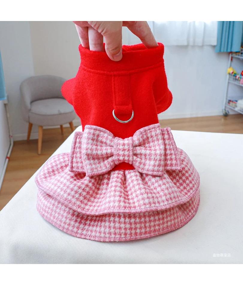 1PC Pet Clothes Cat Autumn Winter Thickened Warm Red Princess Dress Belt Traction Buckle Suitable for Small and Medium Sized Dog