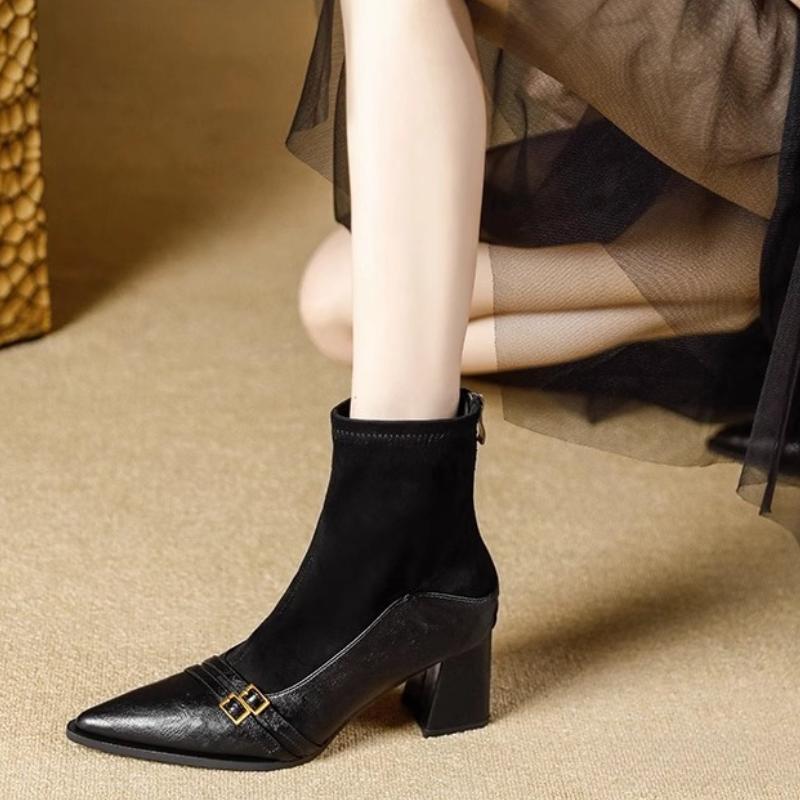 High Heels Women Ankle Boots Pointed Toe Chunky Leather Shoes Winter 2025 Sexy Pumps Elegant Chelsea Boots Mujer De Zapatillas