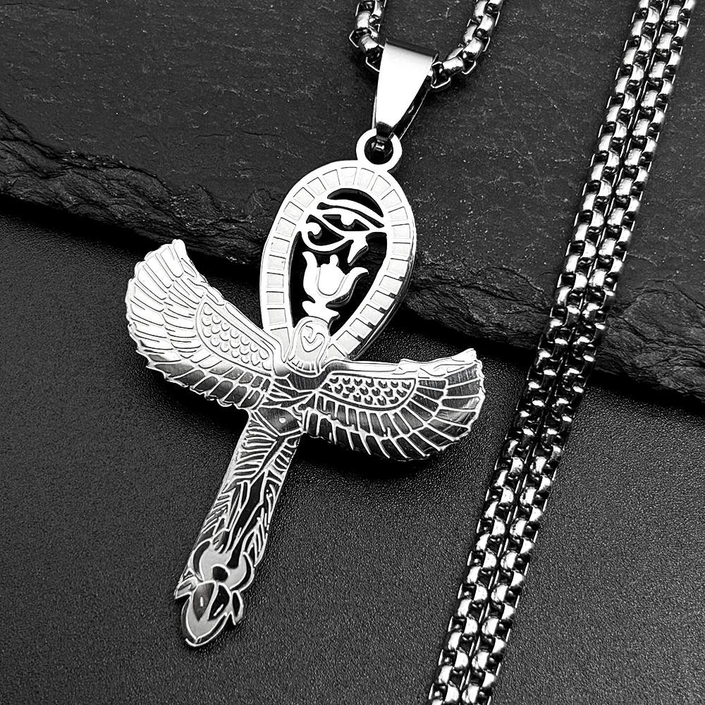 Ägyptisches Auge des Ra Horus Symbol Ankh Kreuz Anhänger Halskette für Frauen Männer Edelstahl Goldfarbe Flügel Skarabäus Kette Schmuck