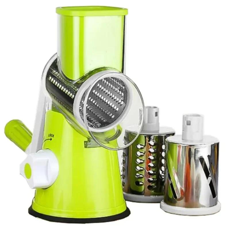 

Vegetable Cutter & Slicer Manual Kitchen Cheese Chopper Machine With 3 Sharp Drums Multifunctional Garlic Potato Shredder зелёный
