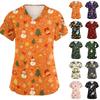 Women's V-Neck Short Sleeve Scrub Top with Pockets Christmas Print Caregiver Uniform Work Shirt